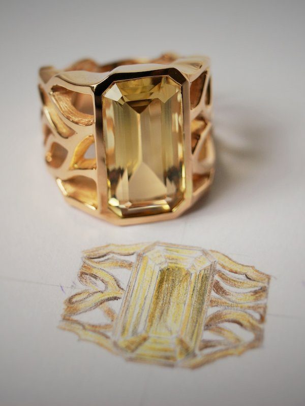 Bague or jaune citrine et son dessin